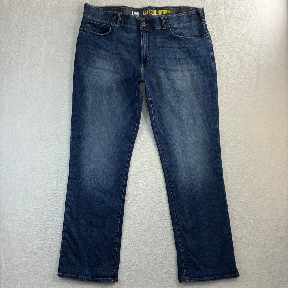 Lee Extreme Motion Regular Bootcut Jeans Men 40x32 Blue Faded Stretch Whiskered